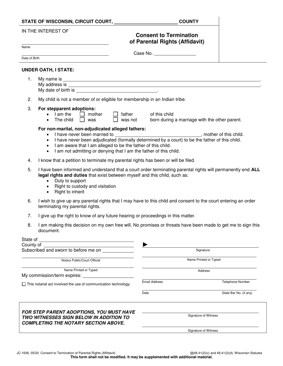 Form JC-1636 Consent to Termination of Parental Rights (Affidavit) - Wisconsin, Page 1