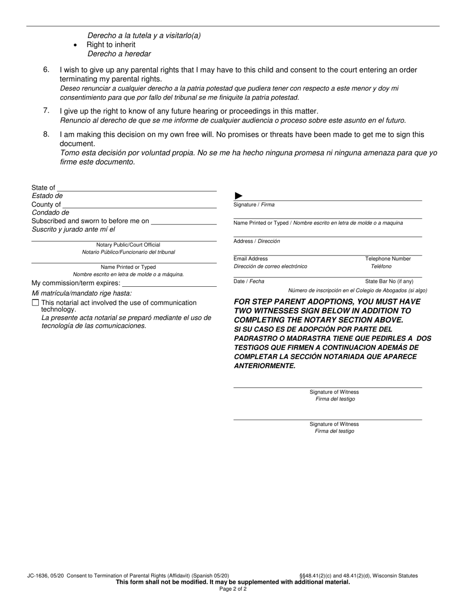 Form JC-1636 Consent to Termination of Parental Rights (Affidavit) - Wisconsin (English / Spanish), Page 2