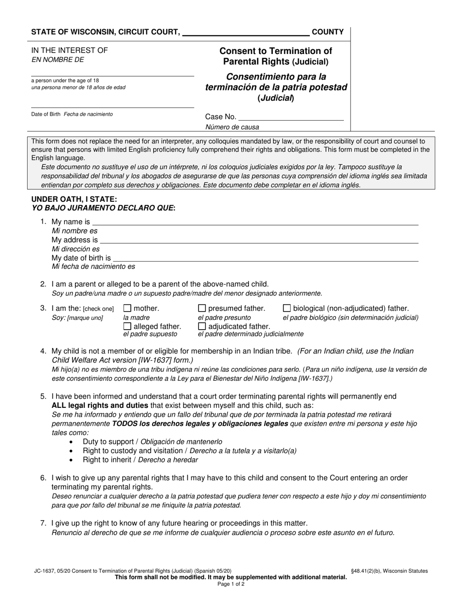 Form JC-1637 Consent to Termination of Parental Rights (Judicial) - Wisconsin (English / Spanish), Page 1
