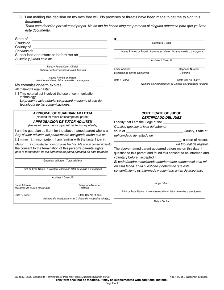 Form JC-1637 Consent to Termination of Parental Rights (Judicial) - Wisconsin (English / Spanish), Page 2
