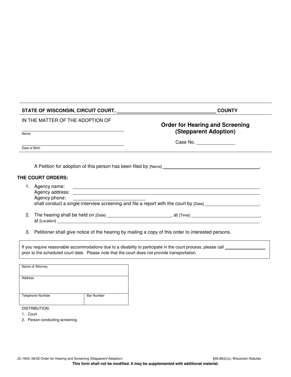 Form JC-1643 Order for Hearing and Screening (Stepparent Adoption) - Wisconsin, Page 1