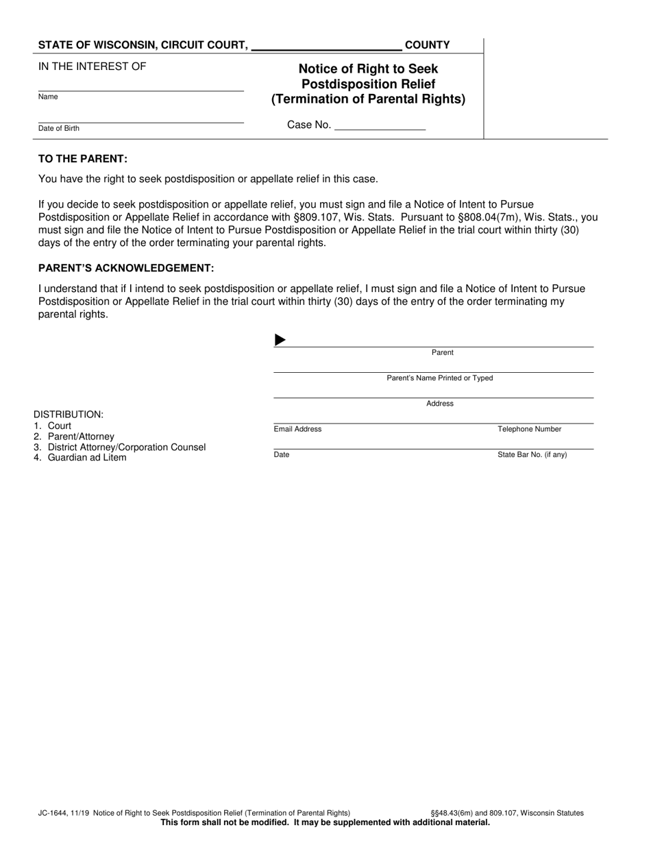 Form JC-1644 Notice of Right to Seek Postdisposition Relief (Termination of Parental Rights) - Wisconsin, Page 1