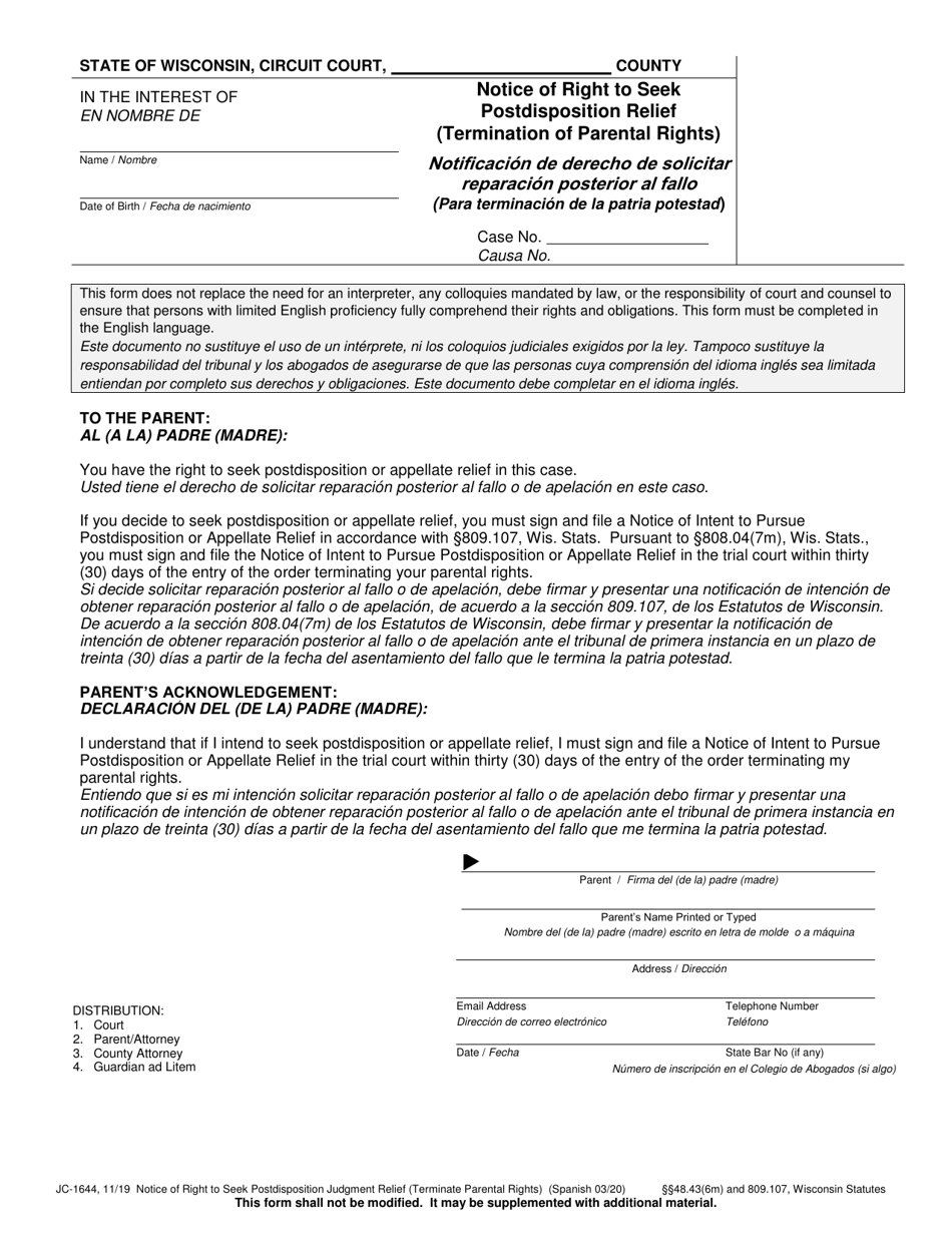 Form JC-1644 Notice of Right to Seek Postdisposition Relief (Termination of Parental Rights) - Wisconsin (English / Spanish), Page 1