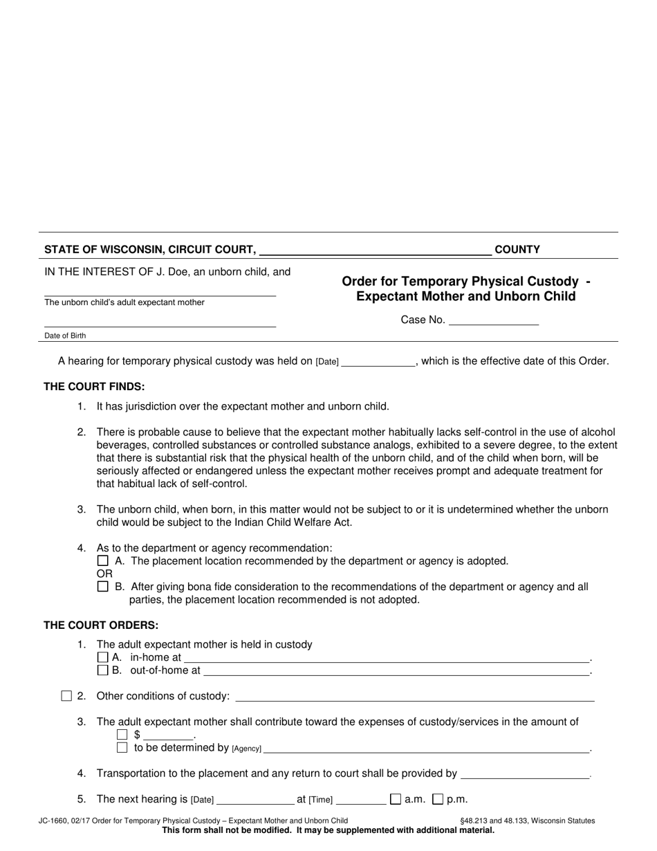 Form JC-1660 Order for Temporary Physical Custody - Expectant Mother and Unborn Child - Wisconsin, Page 1