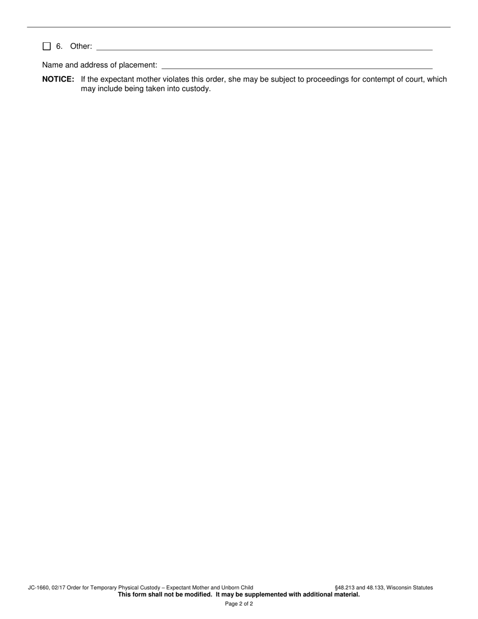 Form JC-1660 Order for Temporary Physical Custody - Expectant Mother and Unborn Child - Wisconsin, Page 2