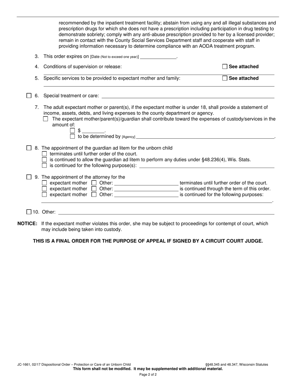 Form JC-1661 Dispositional Order - Protection or Care of an Unborn Child - Wisconsin, Page 2