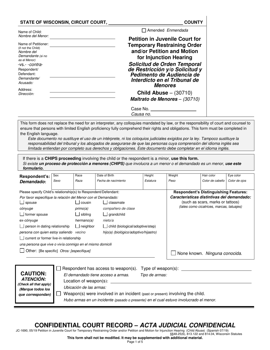 Form JC-1690 Petition in Juvenile Court for Temporary Restraining Order and / or Petition and Motion for Injunction Hearing - Wisconsin (English / Spanish), Page 1