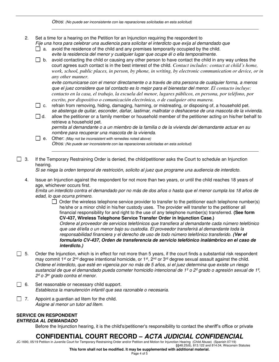 Form JC-1690 Petition in Juvenile Court for Temporary Restraining Order and / or Petition and Motion for Injunction Hearing - Wisconsin (English / Spanish), Page 4
