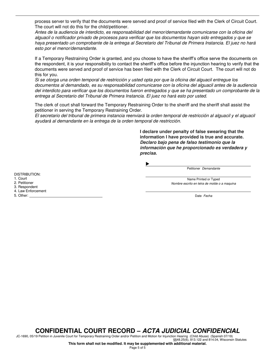 Form JC-1690 Petition in Juvenile Court for Temporary Restraining Order and / or Petition and Motion for Injunction Hearing - Wisconsin (English / Spanish), Page 5