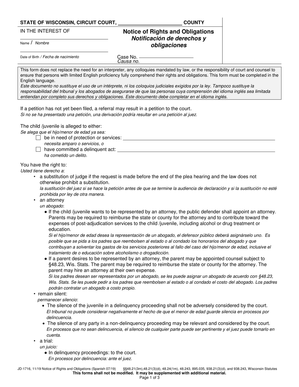 Form JD-1716 Notice of Rights and Obligations - Wisconsin (English / Spanish), Page 1