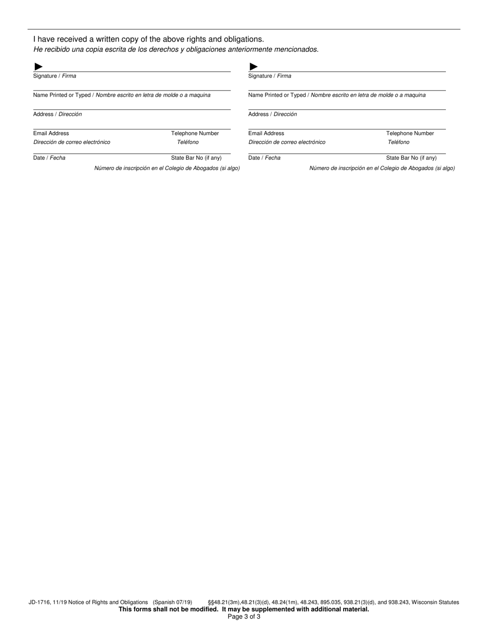 Form JD-1716 Notice of Rights and Obligations - Wisconsin (English / Spanish), Page 3