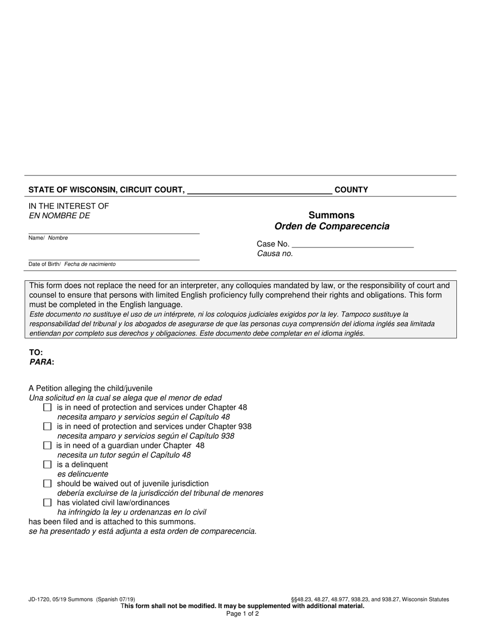 Form JD-1720 Summons - Wisconsin (English / Spanish), Page 1