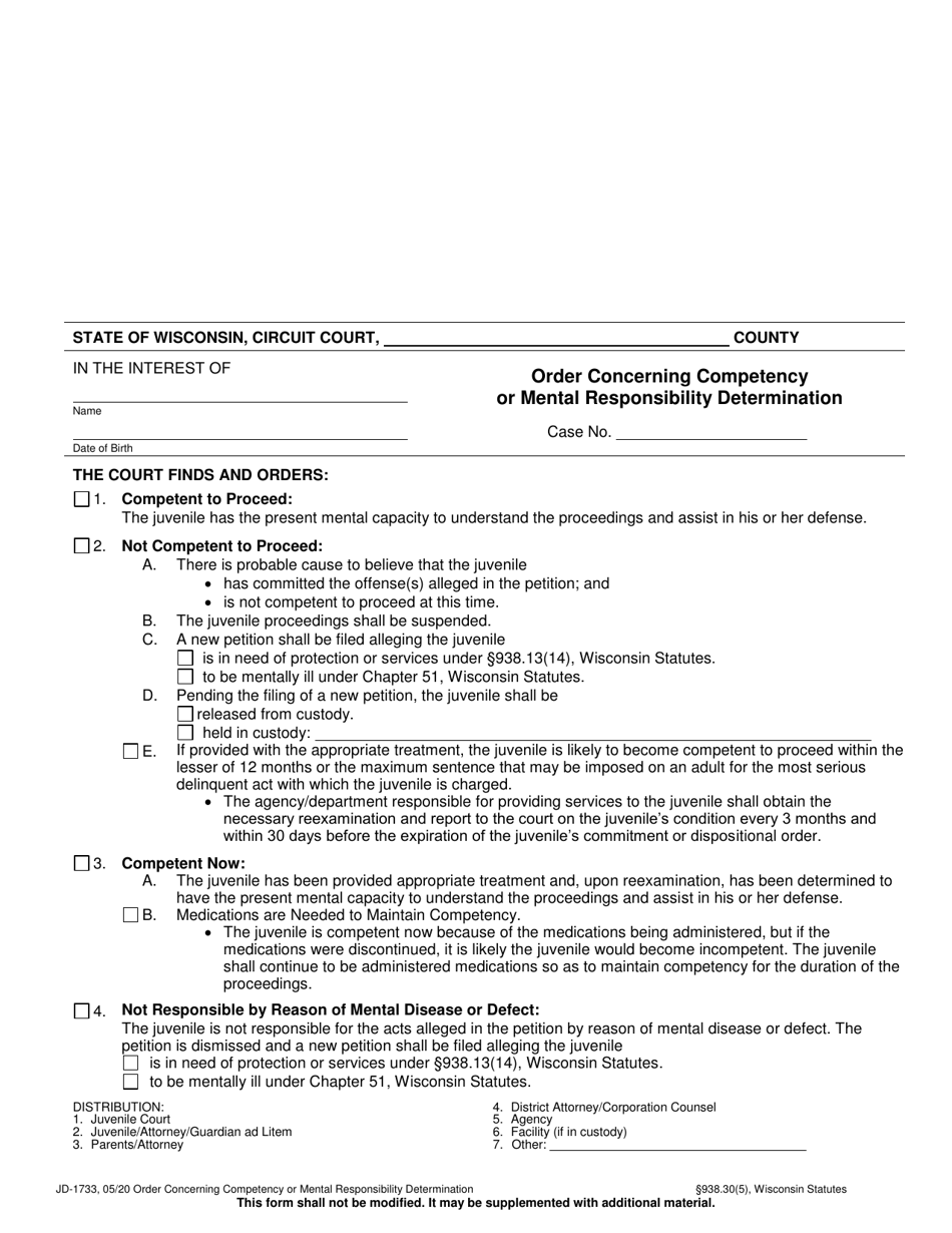 Form JD-1733 Order Concerning Competency or Mental Responsibility Determination - Wisconsin, Page 1