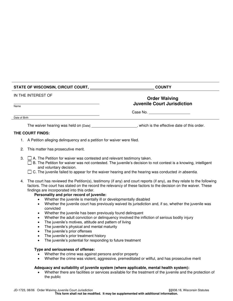 Form JD-1723 Order Waiving Juvenile Court Jurisdiction - Wisconsin, Page 1