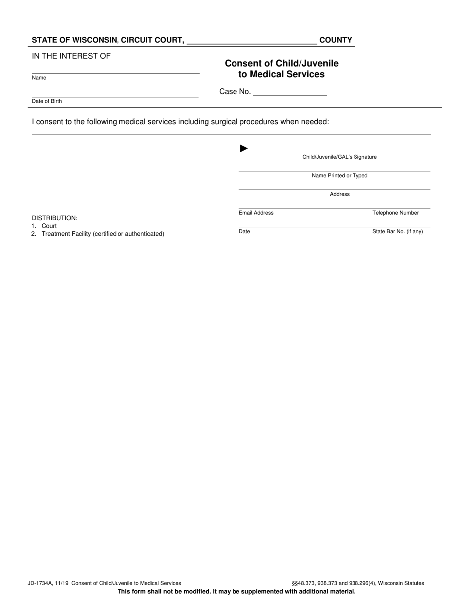 Form JD-1734A Consent of Child / Juvenile to Medical Services - Wisconsin, Page 1