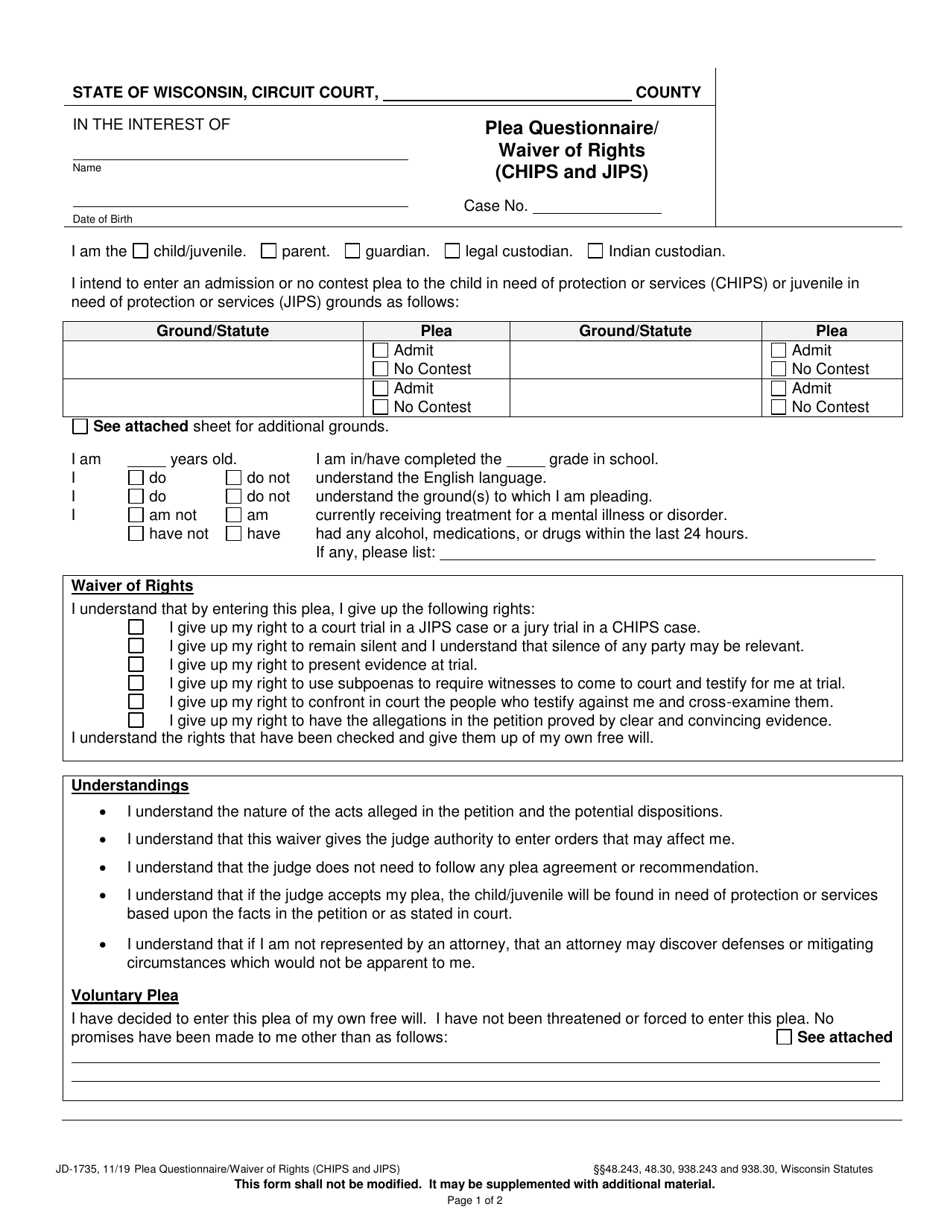 Form JD-1735 Plea Questionnaire / Waiver of Rights (Chips and Jips) - Wisconsin, Page 1