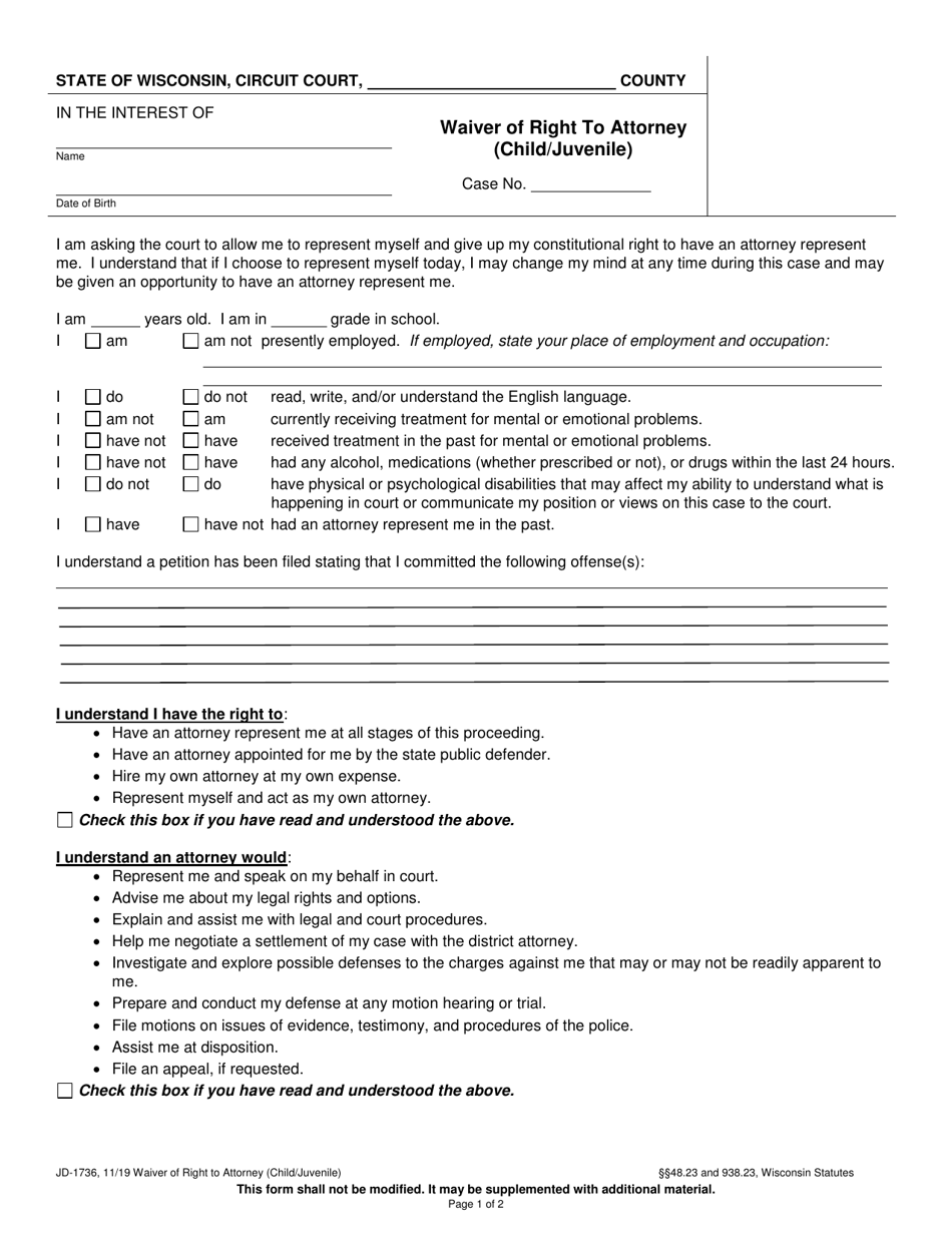 Form JD-1736 Waiver of Right to Attorney (Child / Juvenile) - Wisconsin, Page 1