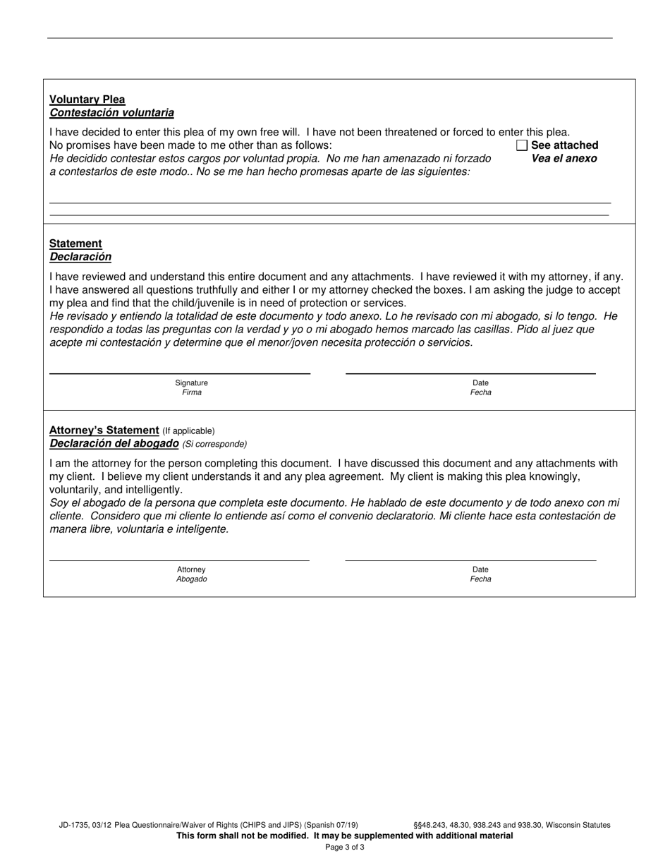 Form JD-1735 Plea Questionnaire / Waiver of Rights (Chips and Jips) - Wisconsin (English / Spanish), Page 3