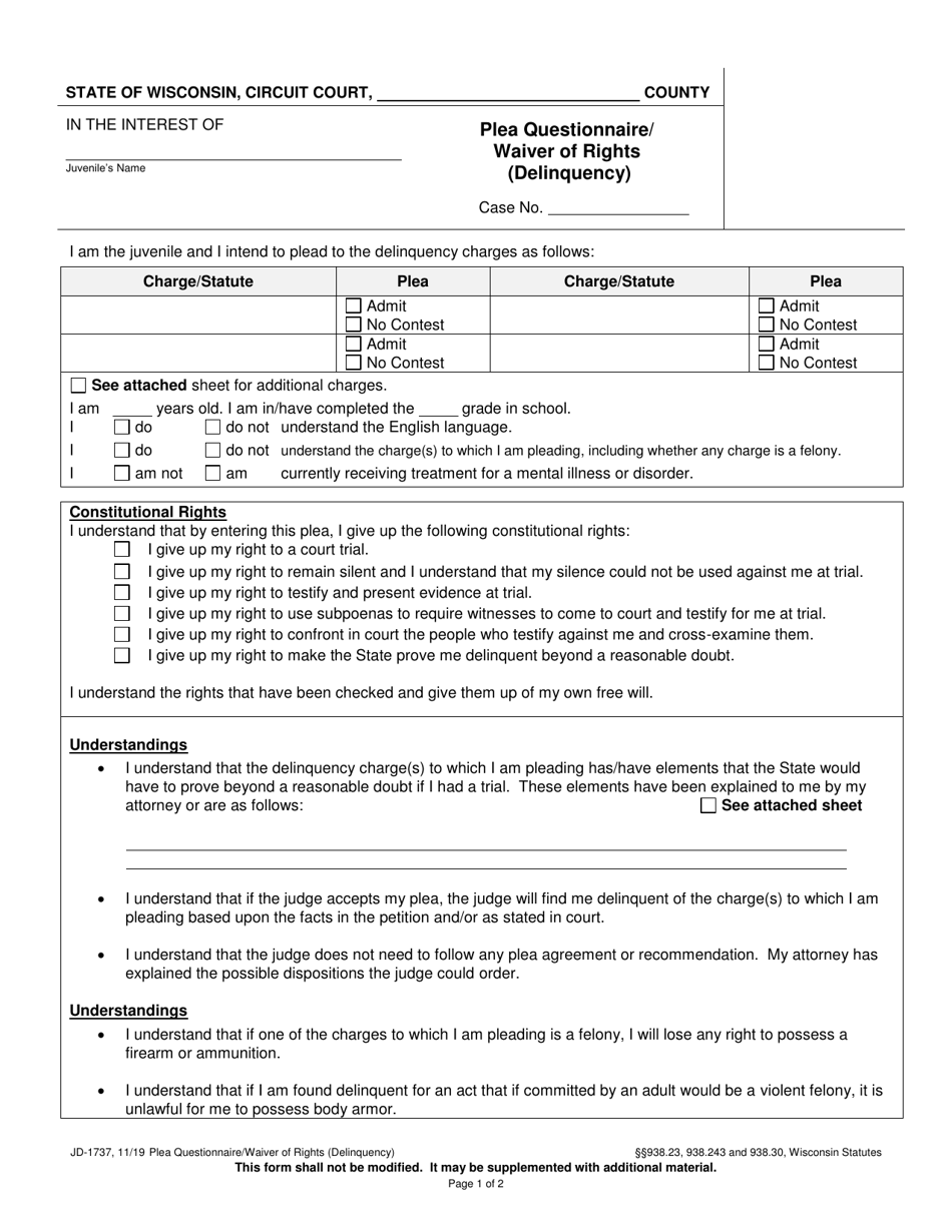 Form JD-1737 Plea Questionnaire / Waiver of Rights (Delinquency) - Wisconsin, Page 1