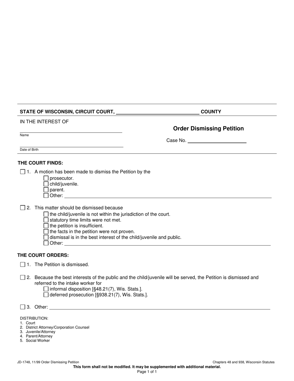 Form JD-1748 Order Dismissing Petition - Wisconsin, Page 1