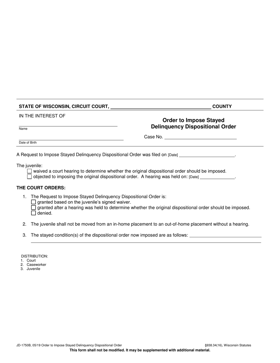 Form JD-1750B Order to Impose Stayed Delinquency Dispositional Order - Wisconsin, Page 1