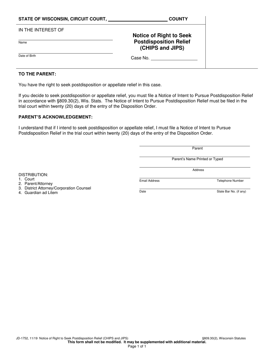 Form JD-1752 Notice of Right to Seek Postdisposition Relief (Chips and Jips) - Wisconsin, Page 1
