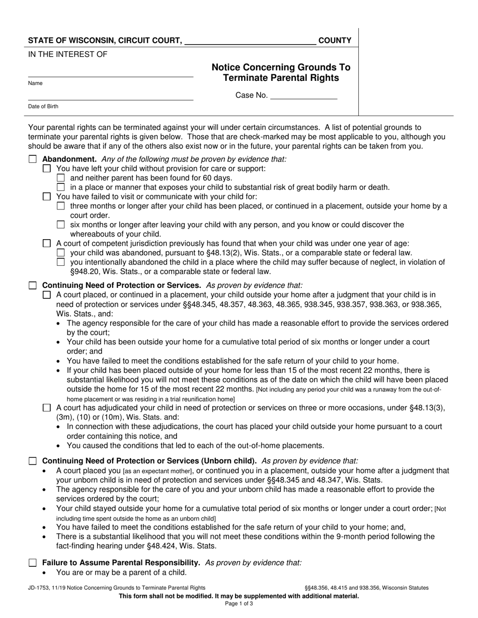 Form JD-1753 Notice Concerning Grounds to Terminate Parental Rights - Wisconsin, Page 1