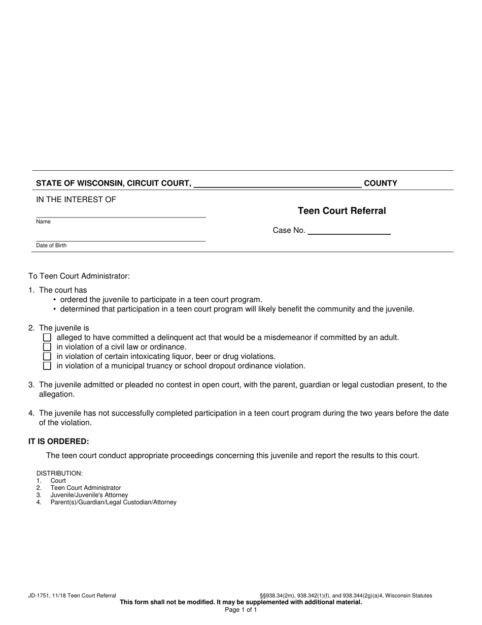 Form JD-1751 Teen Court Referral - Wisconsin, Page 1