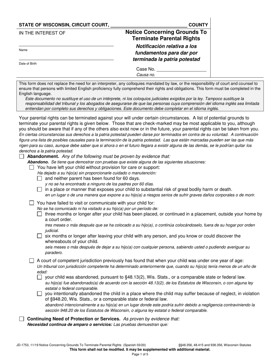 Form JD-1753 Notice Concerning Grounds to Terminate Parental Rights - Wisconsin (English / Spanish), Page 1
