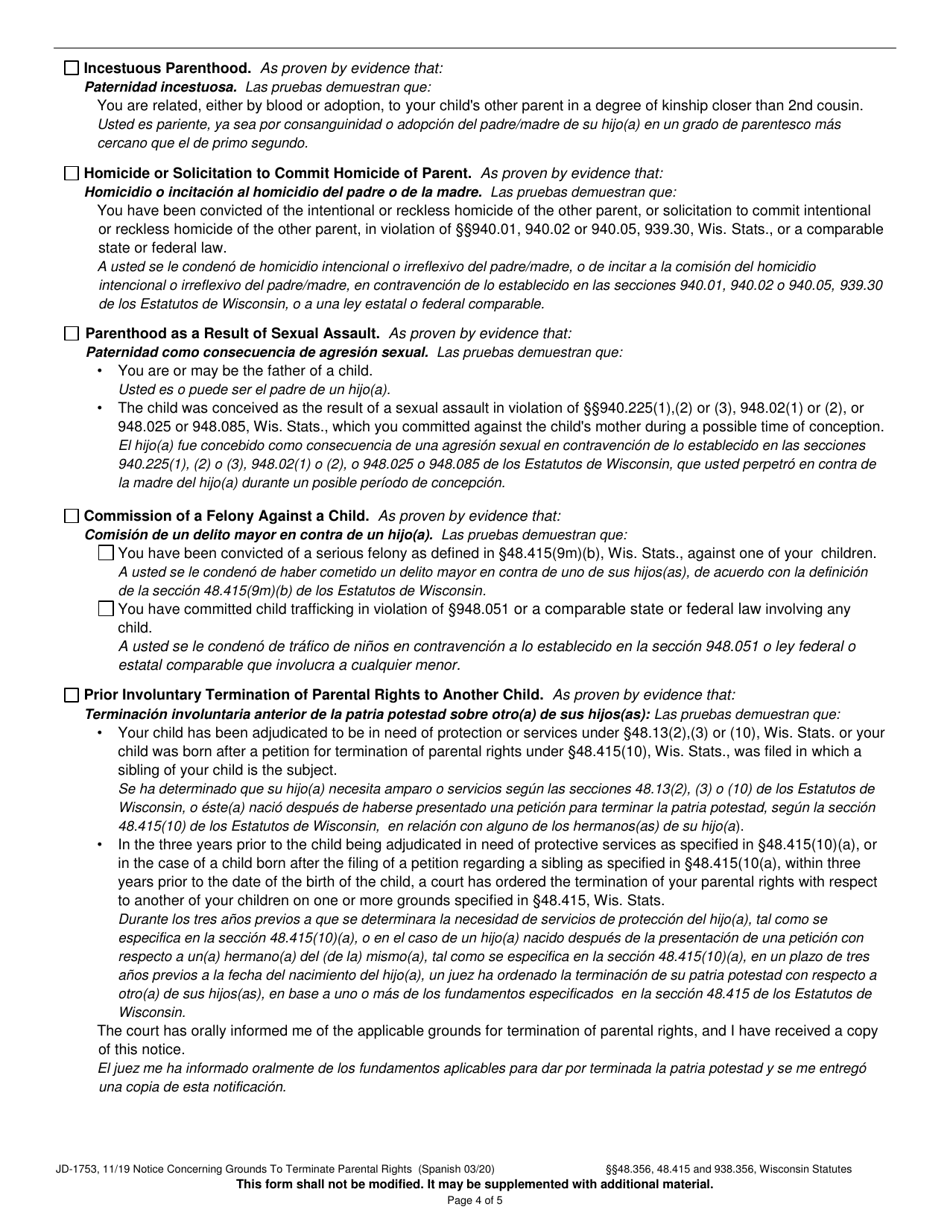 Form JD-1753 Notice Concerning Grounds to Terminate Parental Rights - Wisconsin (English / Spanish), Page 4