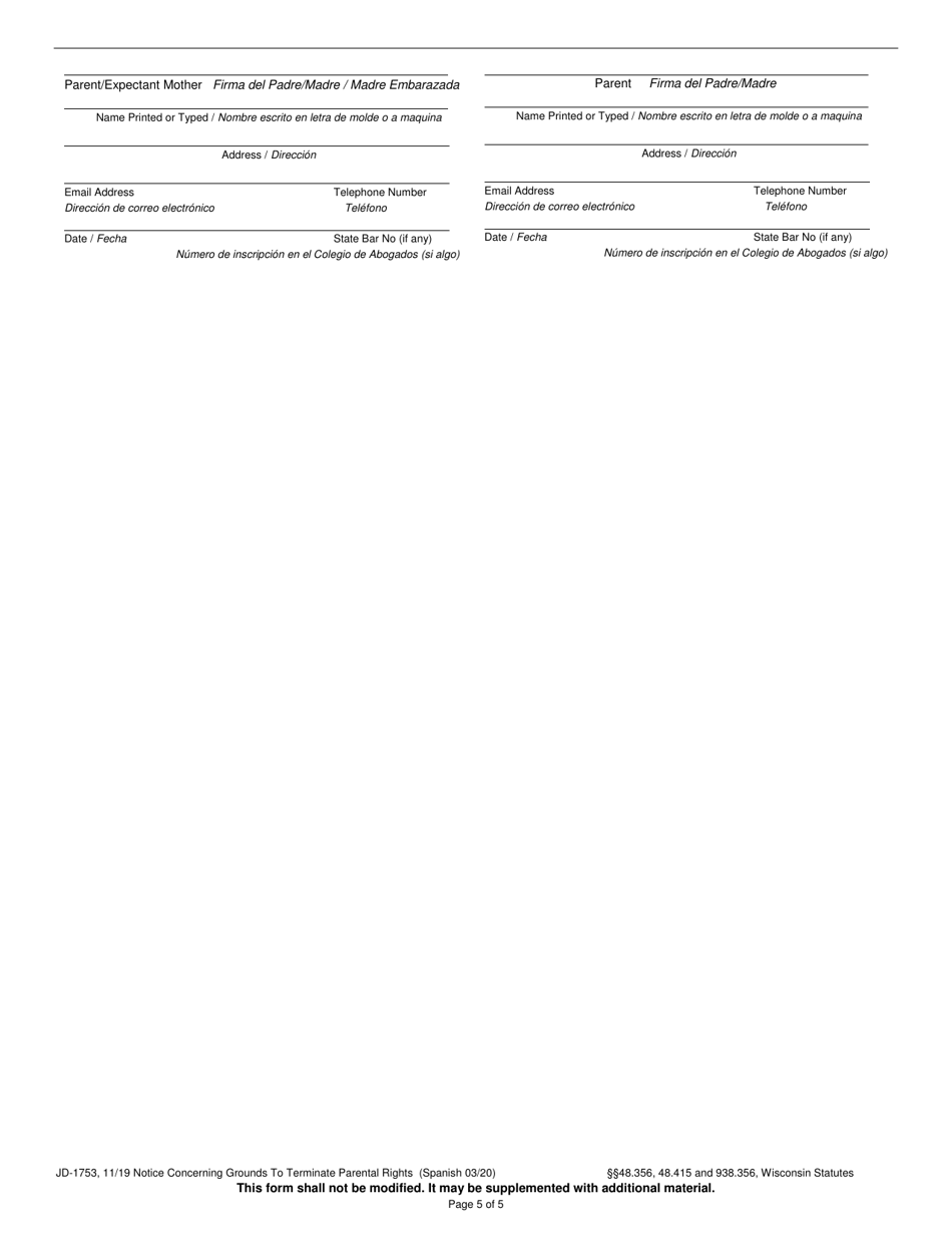 Form JD-1753 Notice Concerning Grounds to Terminate Parental Rights - Wisconsin (English / Spanish), Page 5