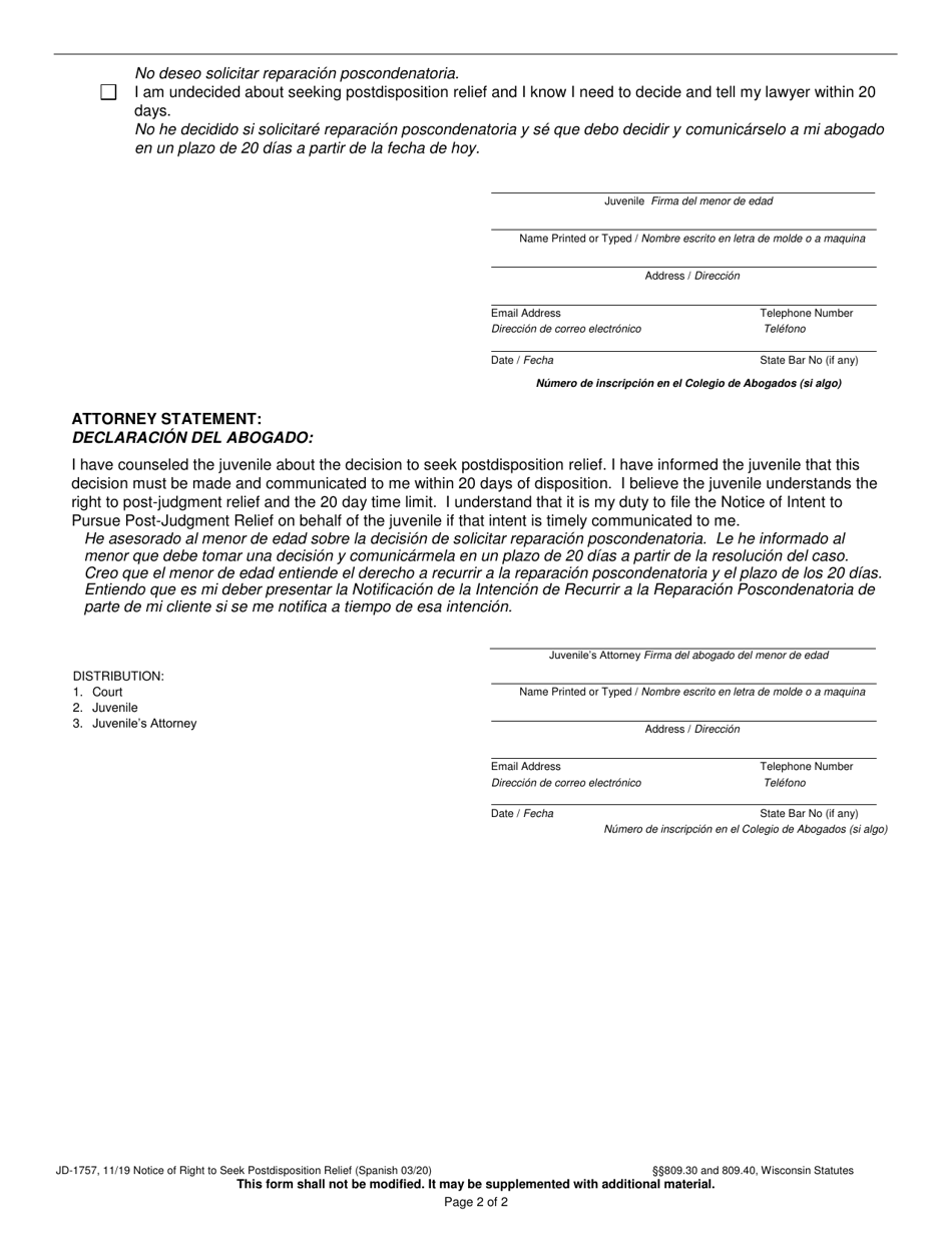 Form JD-1757 Notice of Right to Seek Postdisposition Relief - Wisconsin (English / Spanish), Page 2