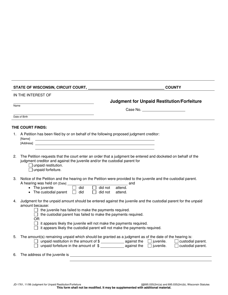 Form JD-1761 Judgment for Unpaid Restitution / Forfeiture - Wisconsin, Page 1