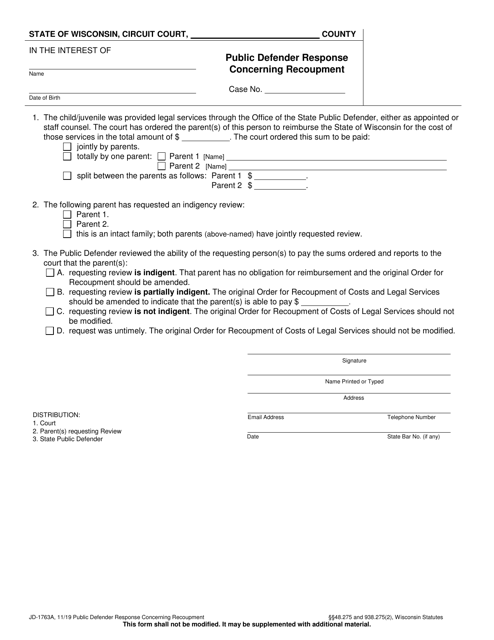 Form JD-1763A Public Defender Response Concerning Recoupment - Wisconsin