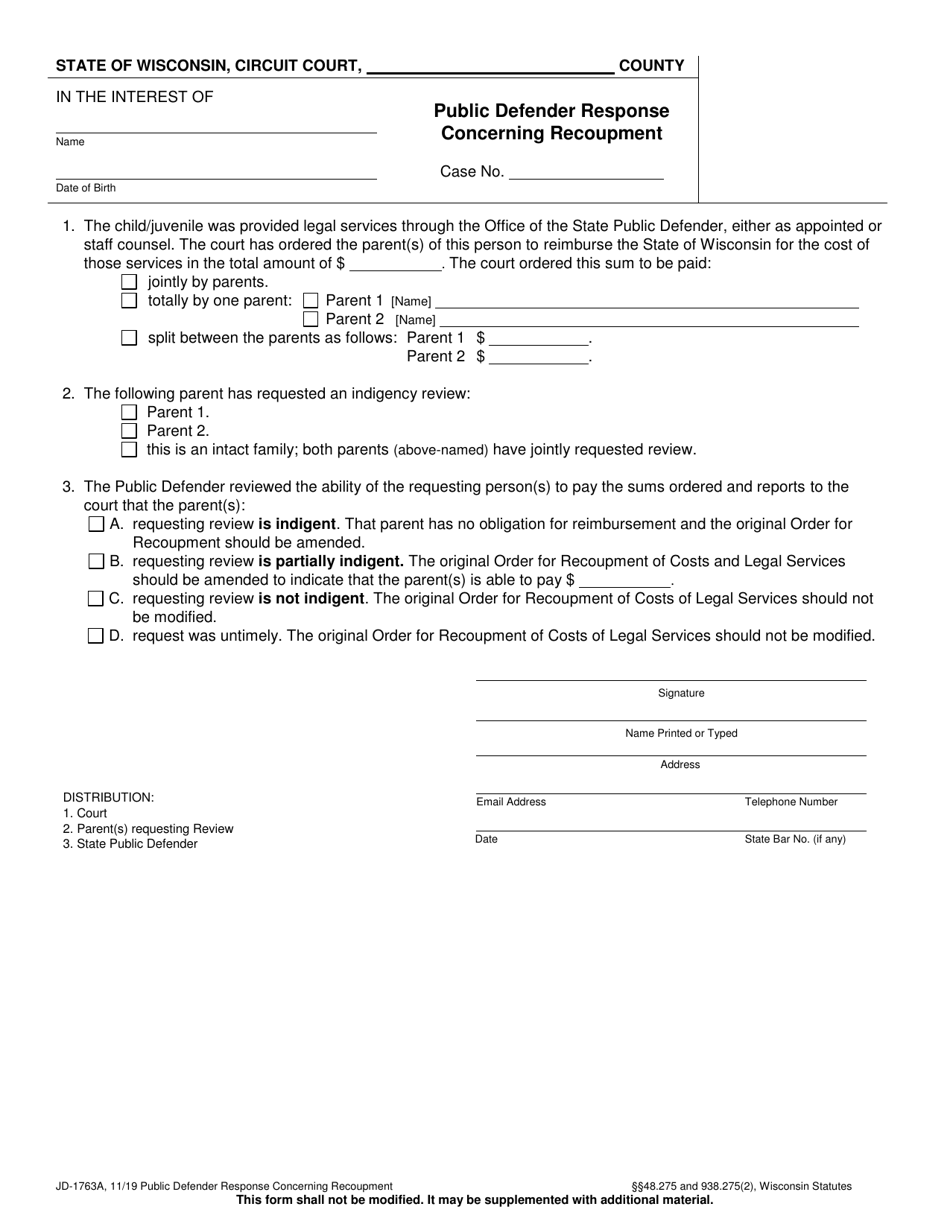 Form JD-1763A Public Defender Response Concerning Recoupment - Wisconsin, Page 1