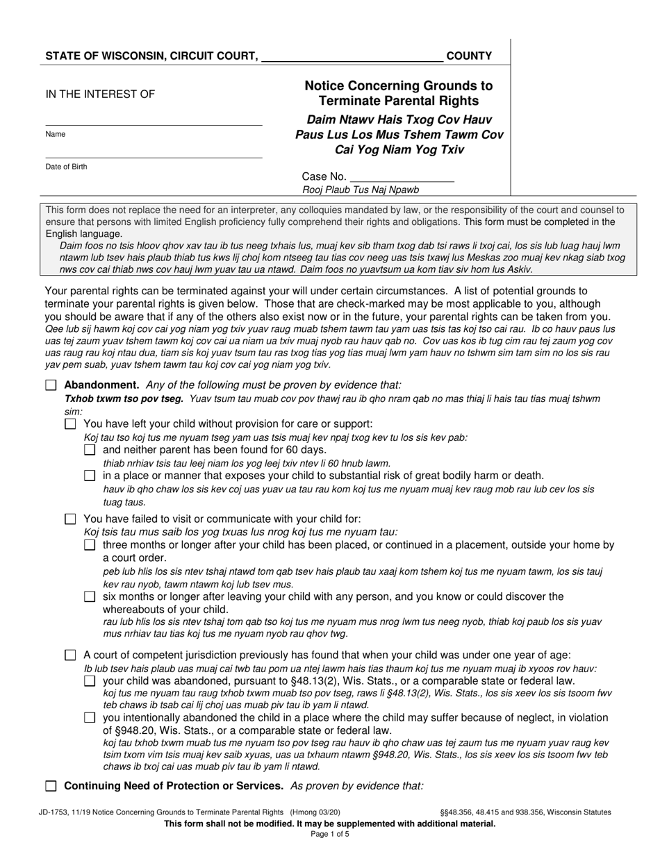 Form JD-1753 Notice Concerning Grounds to Terminate Parental Rights - Wisconsin (English / Hmong), Page 1
