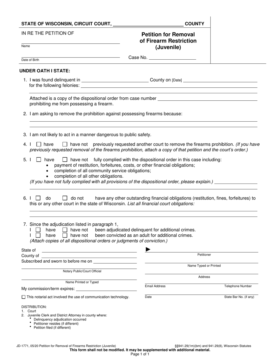 Form JD-1771 Petition for Removal of Firearm Restriction (Juvenile) - Wisconsin, Page 1