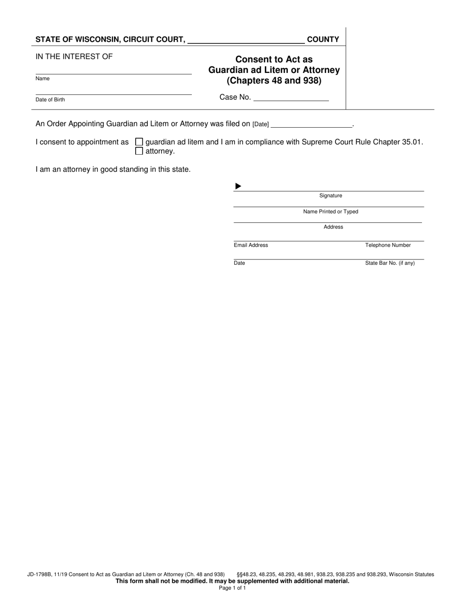 Form JD-1798B Consent to Act as Guardian Ad Litem or Attorney (Chapters 48 and 938) - Wisconsin, Page 1