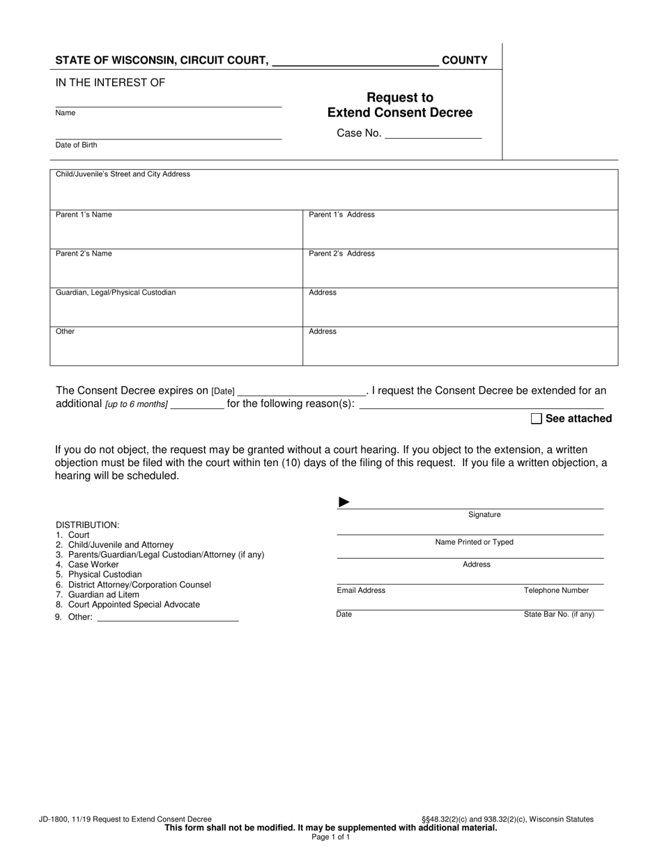 Form JD-1800 Request to Extend Consent Decree - Wisconsin, Page 1