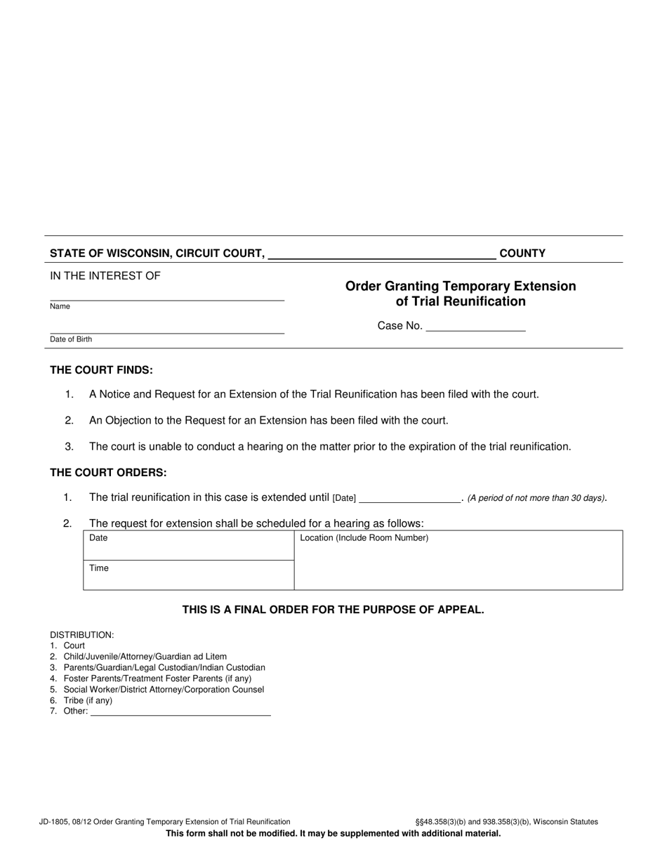 Form JD-1805 Order Granting Temporary Extension of Trial Reunification - Wisconsin, Page 1