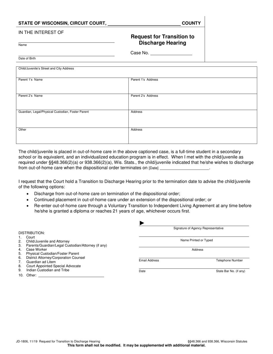 Form JD-1806 Request for Transition to Discharge Hearing - Wisconsin, Page 1