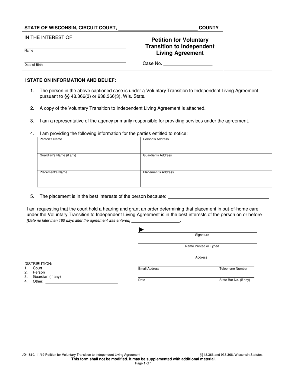 Form JD-1810 Petition for Voluntary Transition to Independent Living Agreement - Wisconsin, Page 1
