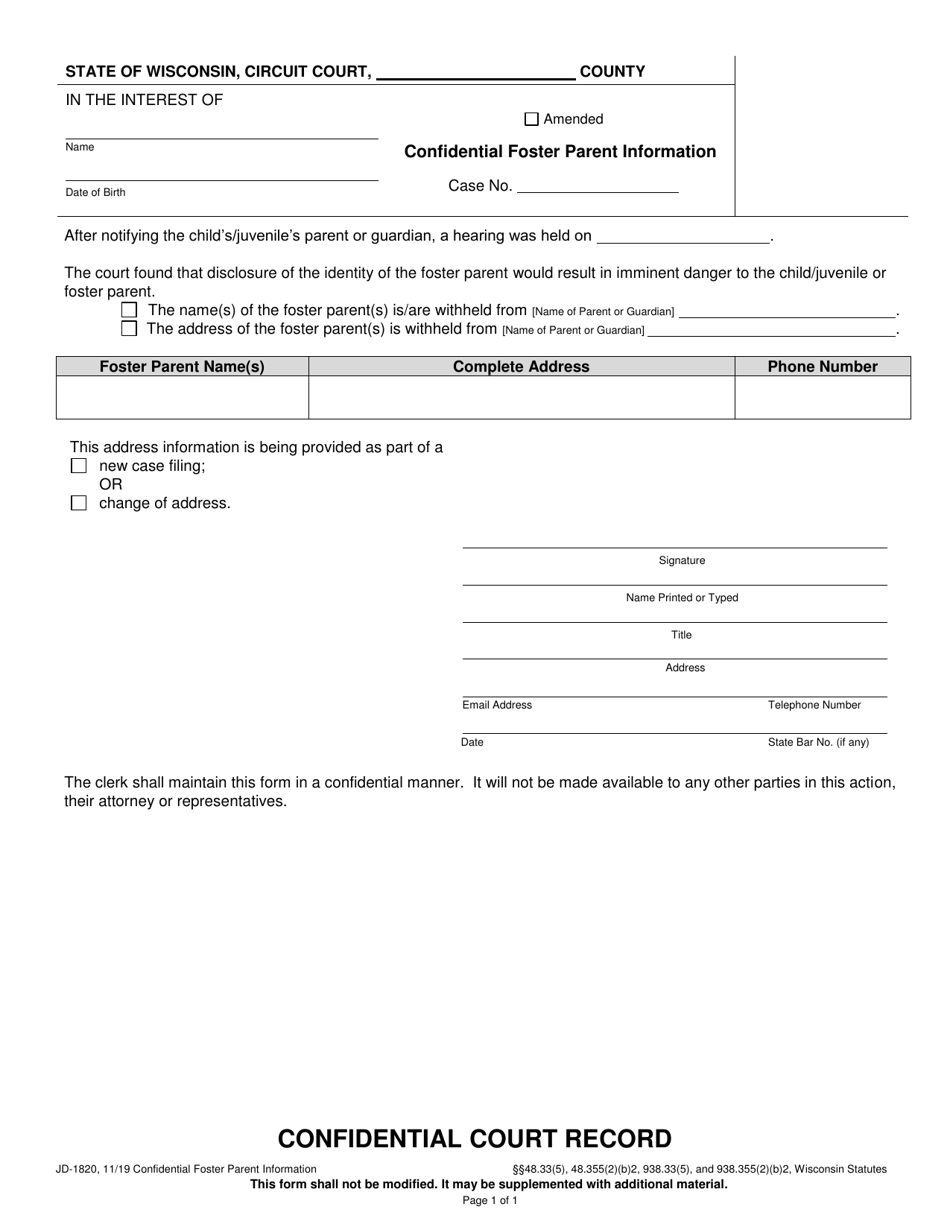 Form JD-1820 Confidential Foster Parent Information - Wisconsin, Page 1