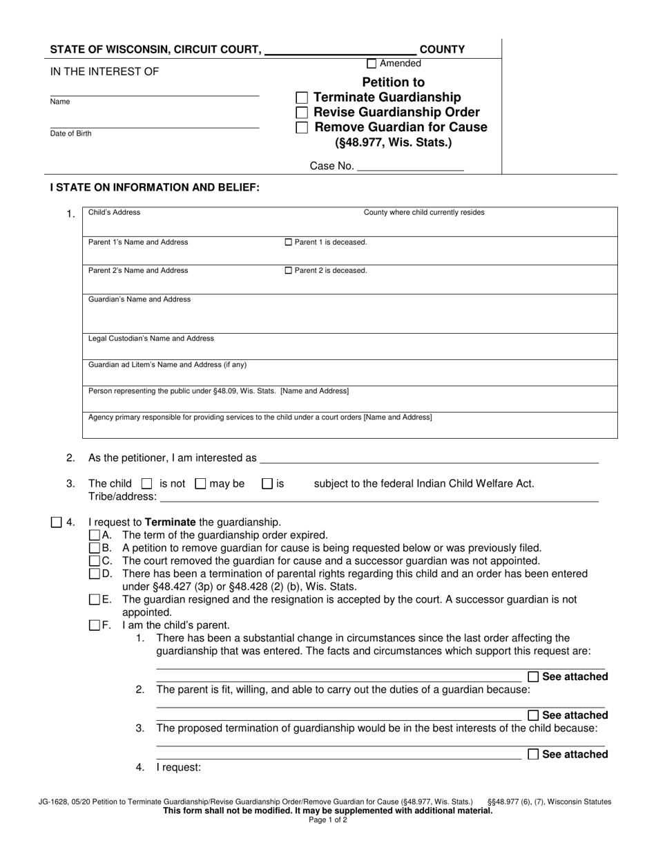 Form JG-1628 Petition to Terminate / Revise Guardianship Order or Remove Guardian for Cause - Wisconsin, Page 1