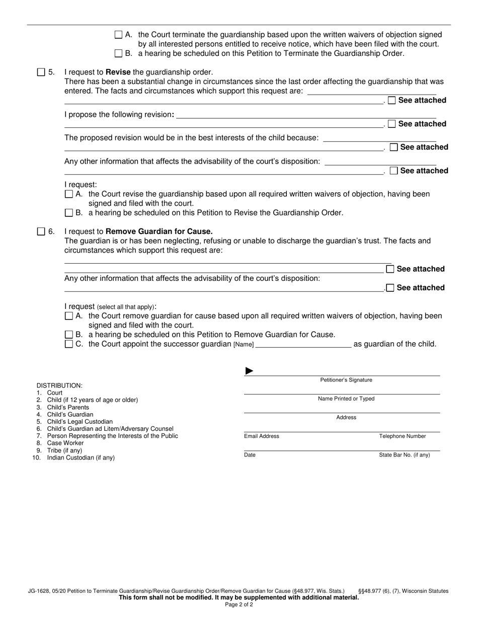 Form JG-1628 Petition to Terminate / Revise Guardianship Order or Remove Guardian for Cause - Wisconsin, Page 2