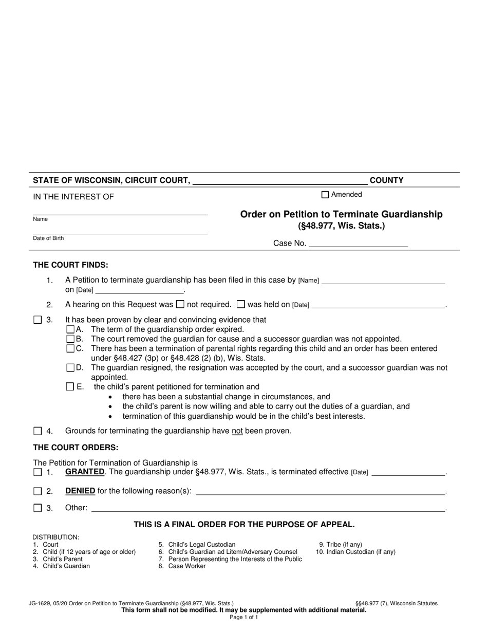 Form JG-1629 Order on Petition to Terminate Guardianship - Wisconsin, Page 1