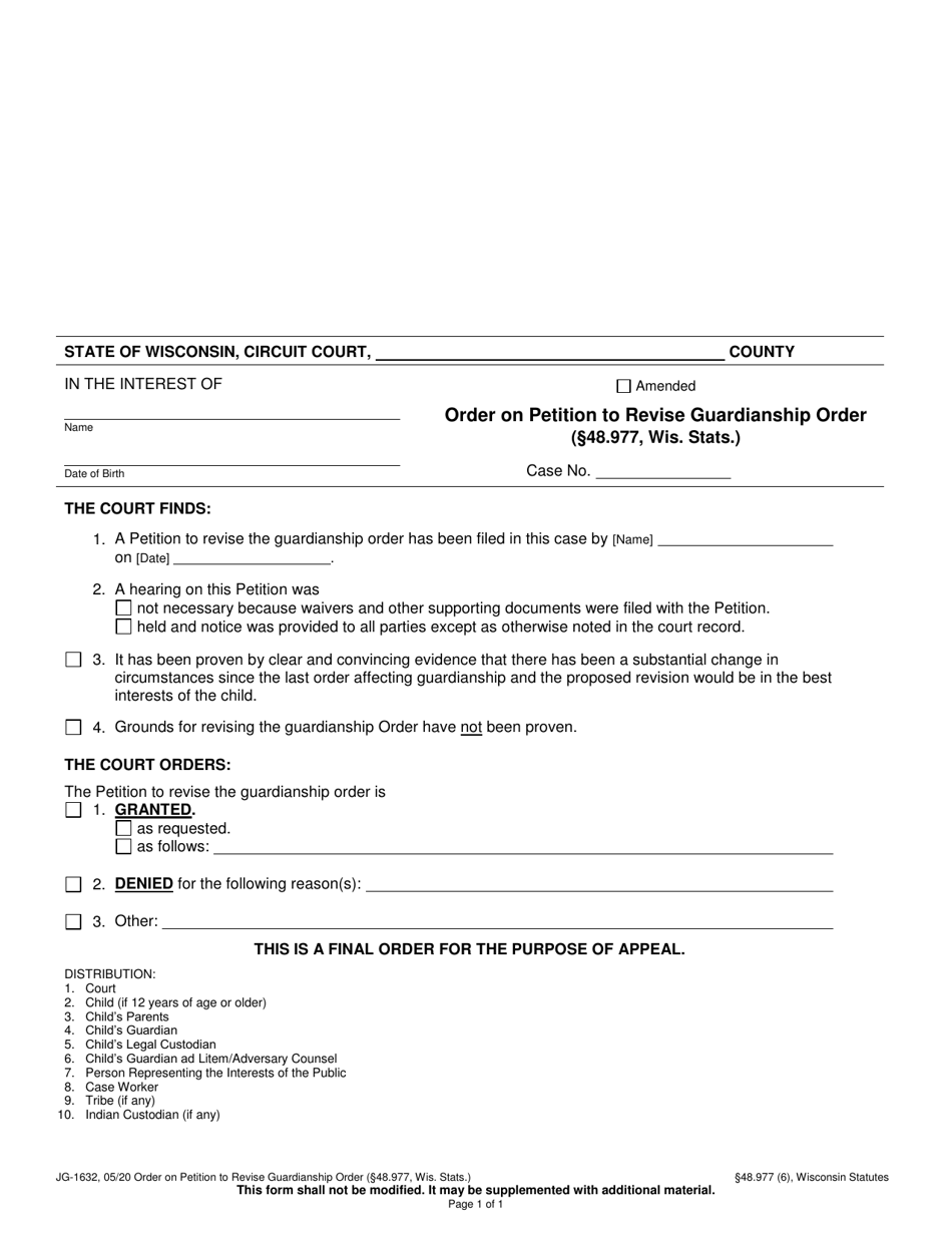 Form JG-1632 Order on Petition to Revise Guardianship Order - Wisconsin, Page 1