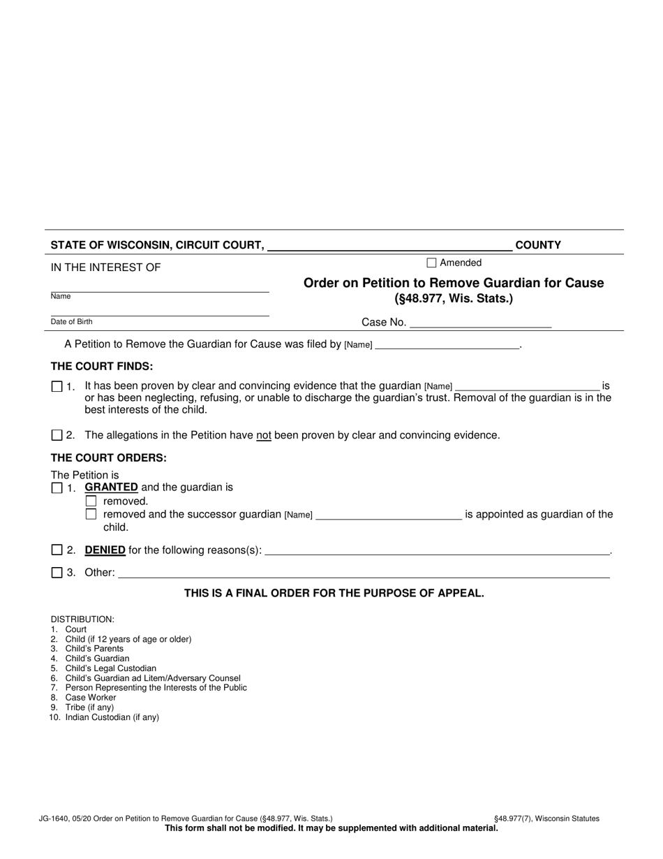 Form JG-1640 Order on Petition to Remove Guardian for Cause - Wisconsin, Page 1