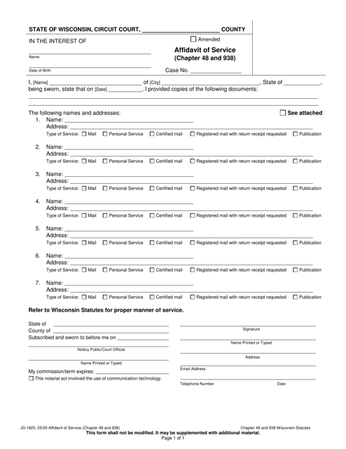 Form JD-1825 Affidavit of Service - Wisconsin