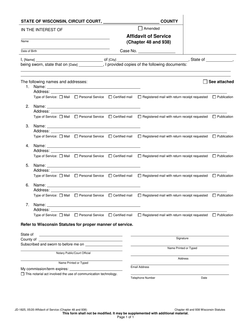 Form JD-1825 Affidavit of Service - Wisconsin, Page 1